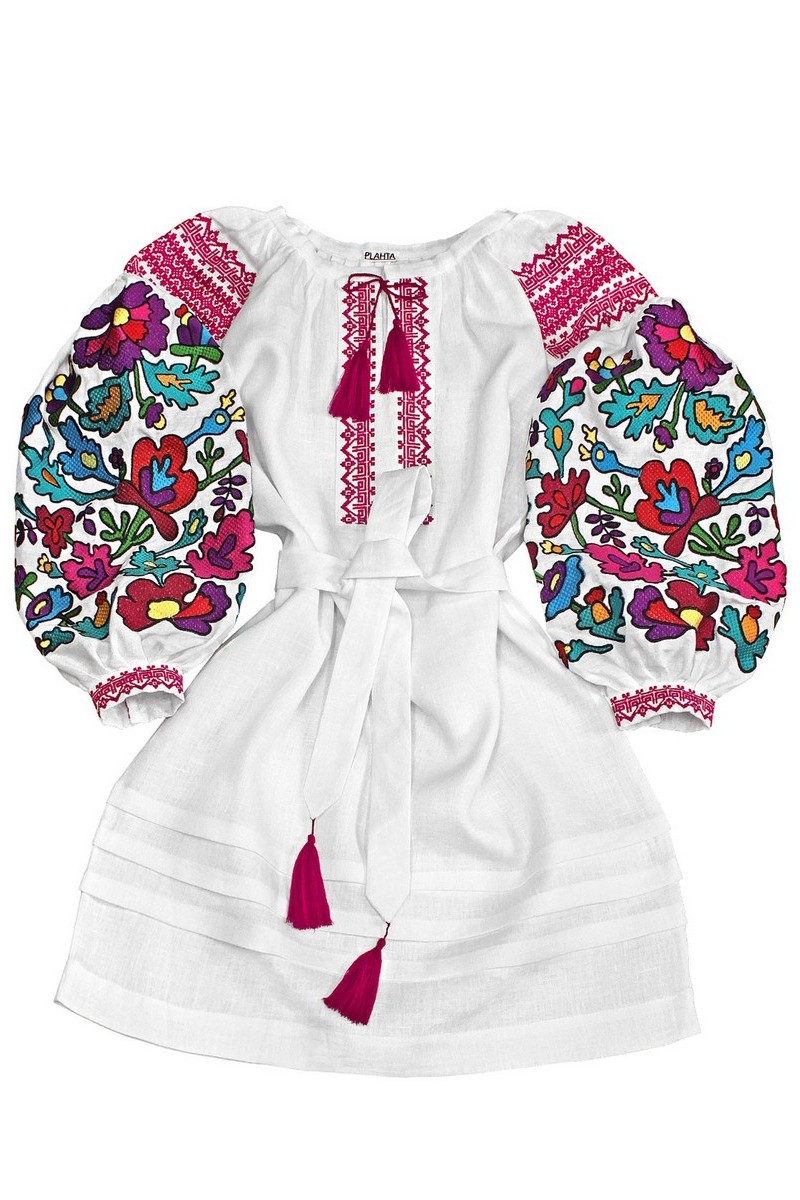 Buy White linen vyshivanka floral pattern embroidery Ukrainian ethnic unique designer dress
